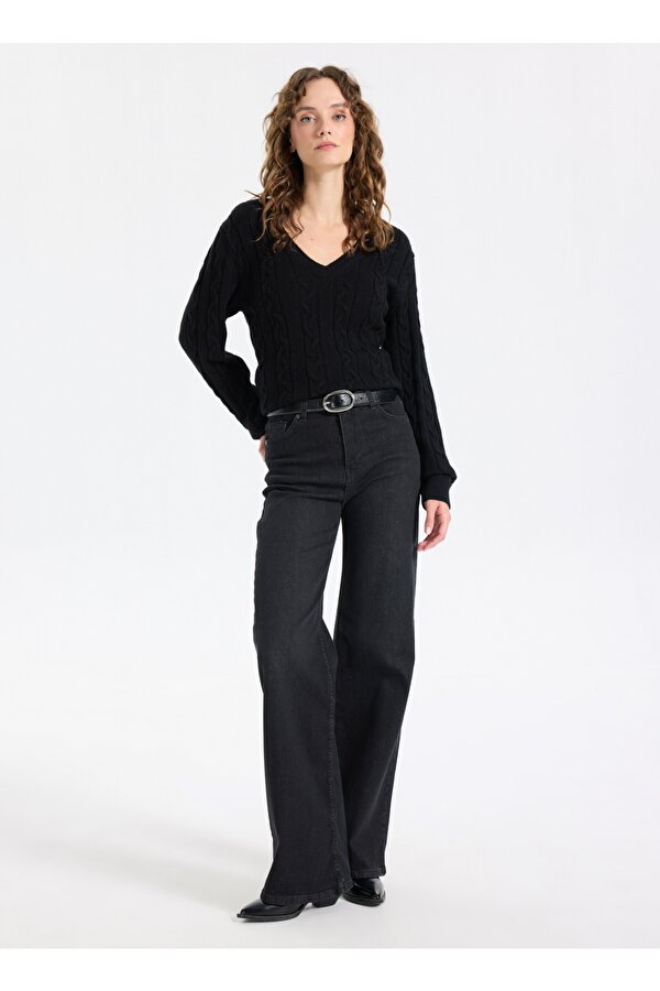 V Yaka Basic Saç Örgü Desenli Siyah Kazak Kadın J5WL-KZK7129