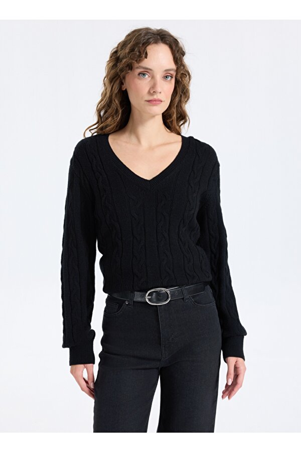 V Yaka Basic Saç Örgü Desenli Siyah Kazak Kadın J5WL-KZK7129