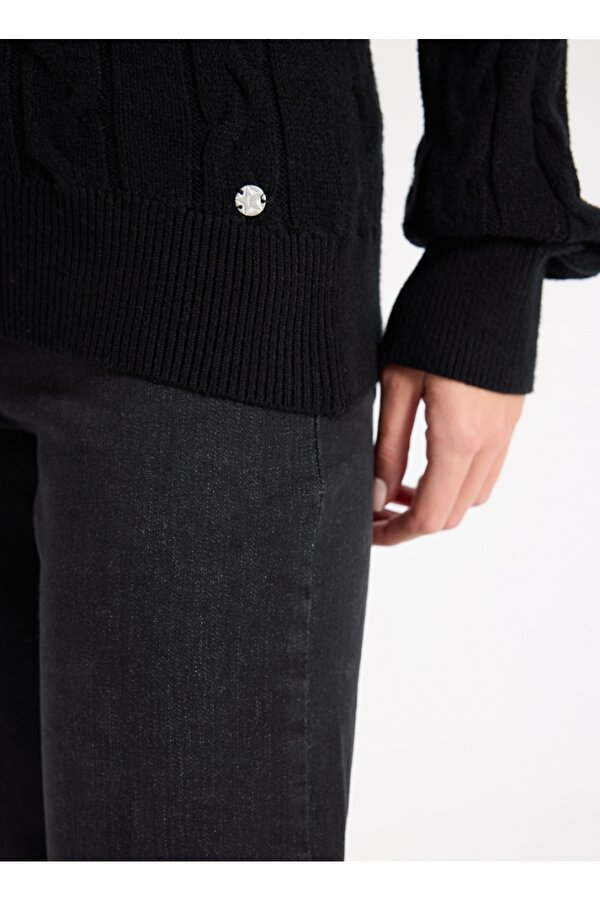 V Yaka Basic Saç Örgü Desenli Siyah Kazak Kadın J5WL-KZK7129