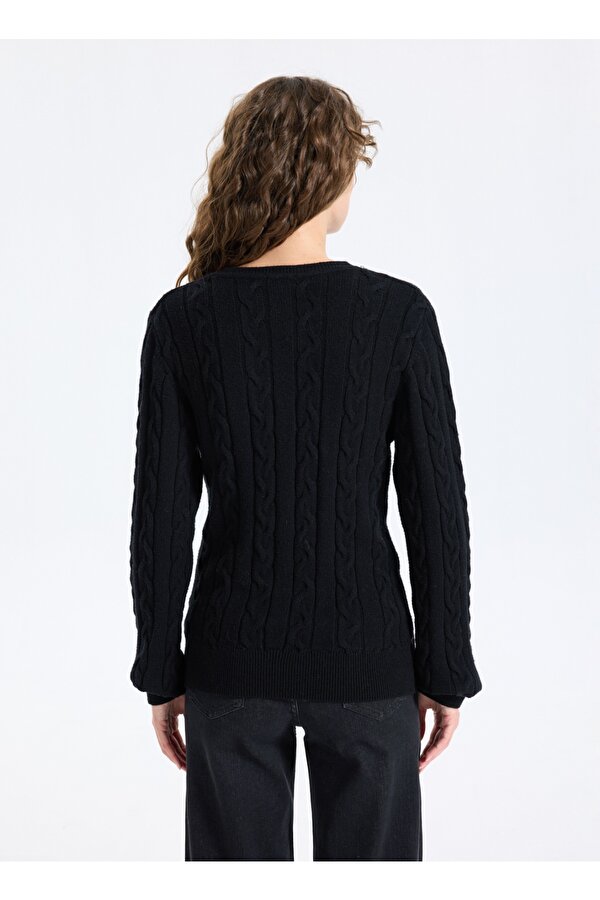 V Yaka Basic Saç Örgü Desenli Siyah Kazak Kadın J5WL-KZK7129