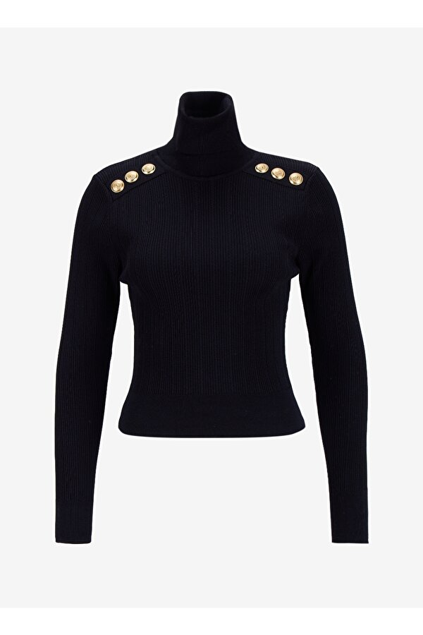 Tam Balıkçı Yaka Dar Fitilli Siyah Kazak Kadın F5WL-KZK0018