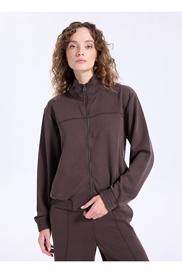 Dik Yaka Baskılı Kahve Kadın Sweatshırt J5WL-SWT7059