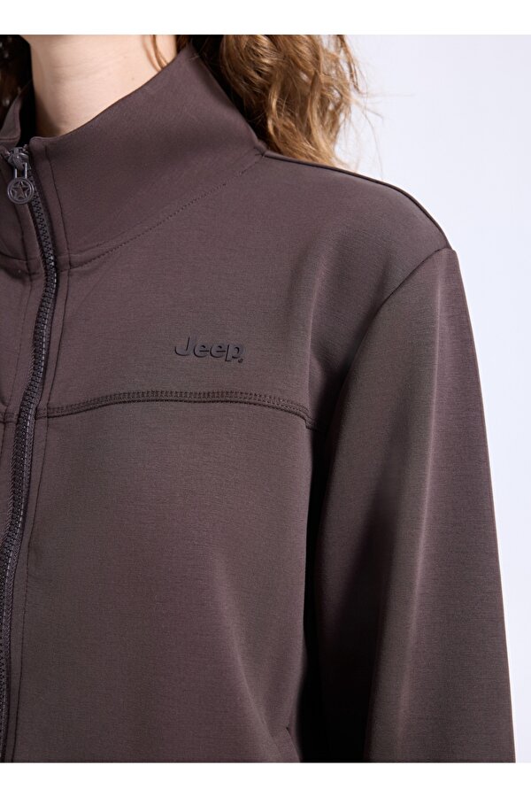 Dik Yaka Baskılı Kahve Kadın Sweatshırt J5WL-SWT7059