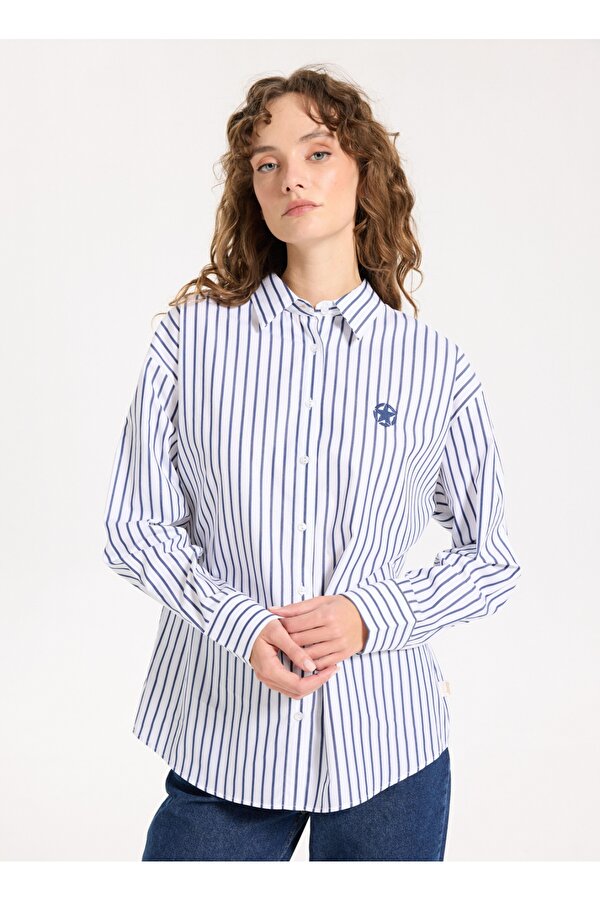 Loose Fit Gömlek Yaka Çizgili Lacivert Kadın Gömlek J5WL-GML7138