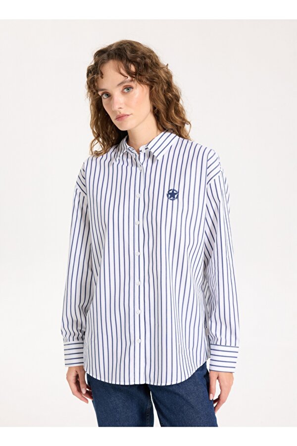 Loose Fit Gömlek Yaka Çizgili Lacivert Kadın Gömlek J5WL-GML7138