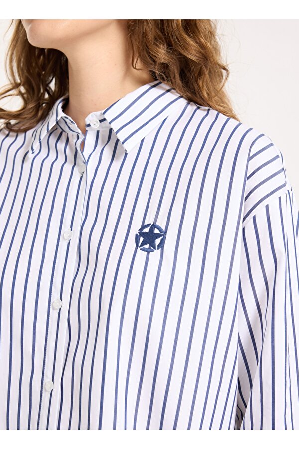 Loose Fit Gömlek Yaka Çizgili Lacivert Kadın Gömlek J5WL-GML7138