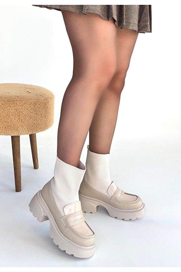 Bej Streçli Kadın Topuklu Bot