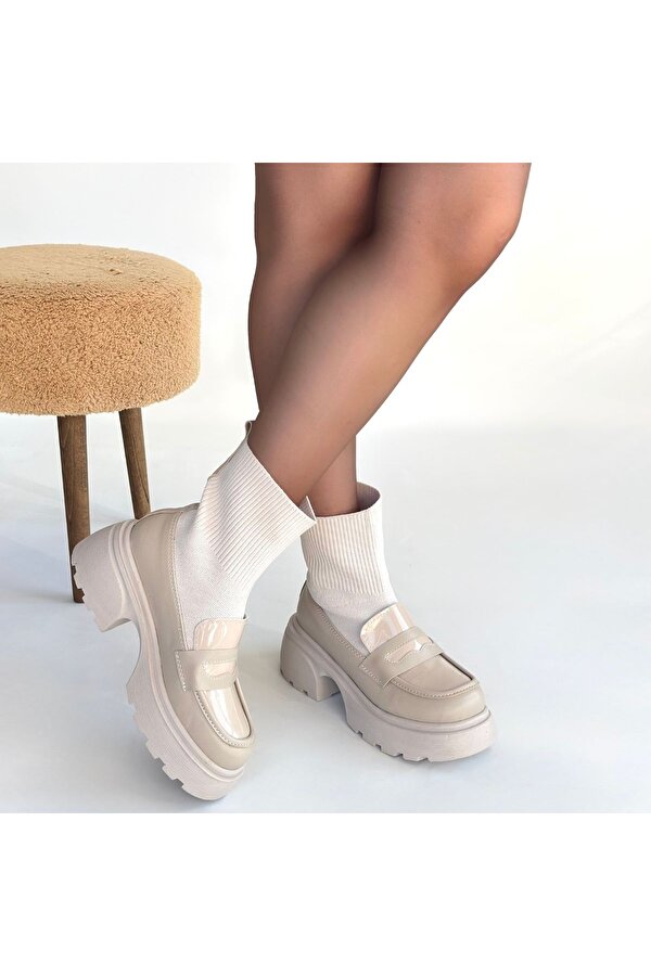 Bej Streçli Kadın Topuklu Bot