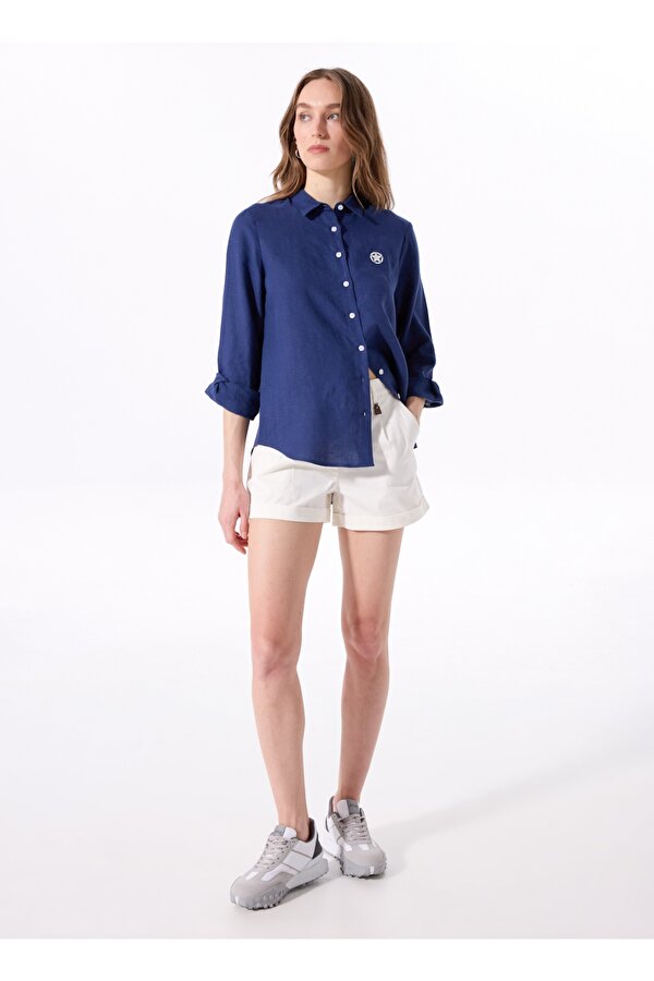 Relaxed Gömlek Yaka Düz Lacivert Kadın Gömlek J5SL-GML7158