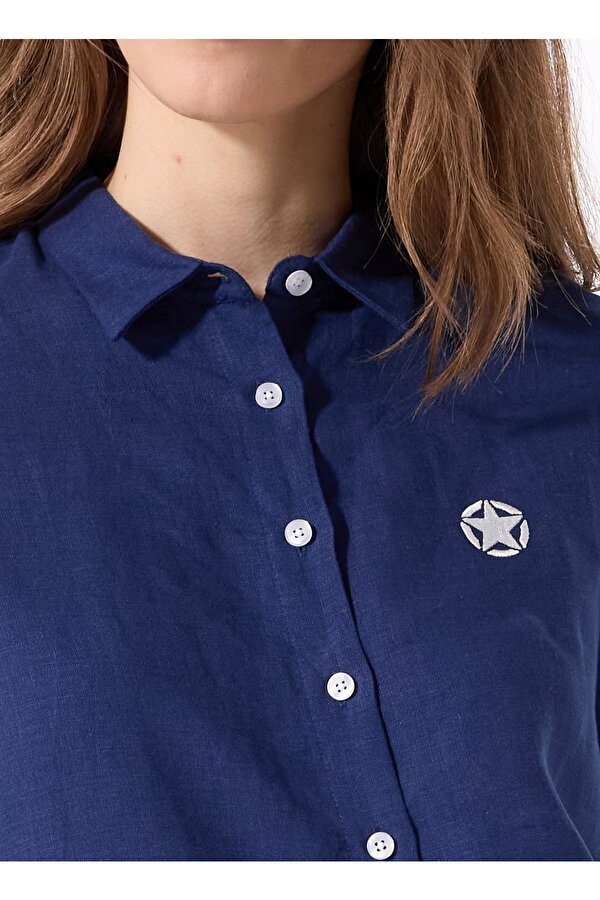 Relaxed Gömlek Yaka Düz Lacivert Kadın Gömlek J5SL-GML7158