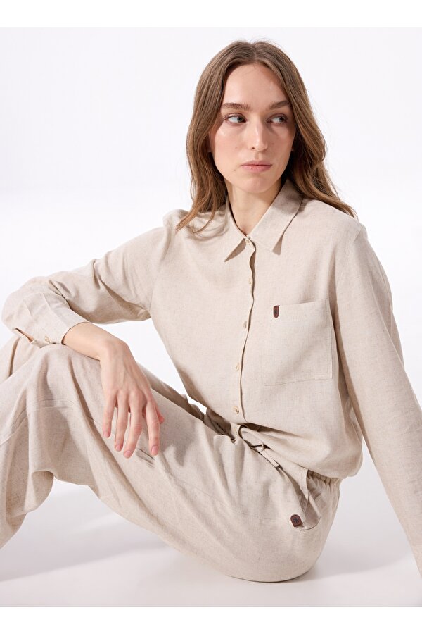 Crop Gömlek Yaka Düz Bej Kadın Gömlek J5SL-GML7111