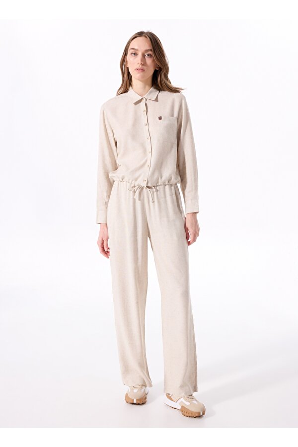 Crop Gömlek Yaka Düz Bej Kadın Gömlek J5SL-GML7111