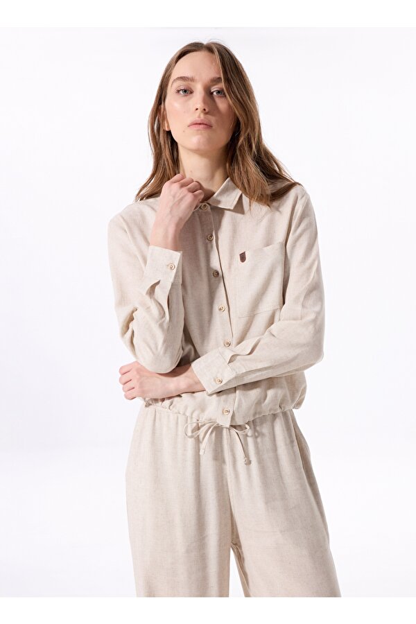 Crop Gömlek Yaka Düz Bej Kadın Gömlek J5SL-GML7111