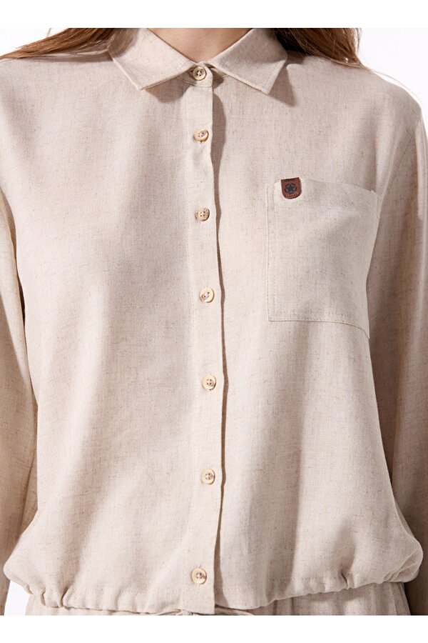 Crop Gömlek Yaka Düz Bej Kadın Gömlek J5SL-GML7111