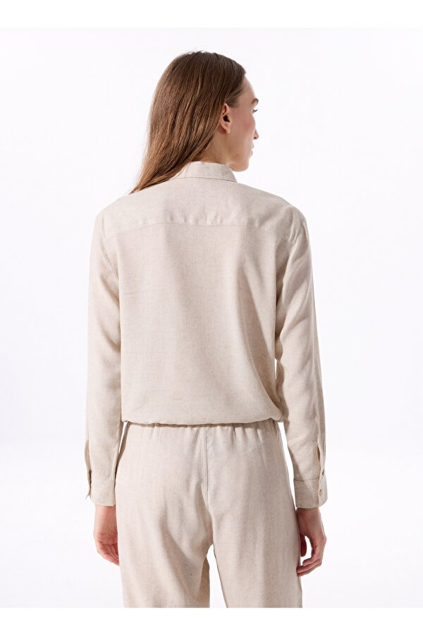 Crop Gömlek Yaka Düz Bej Kadın Gömlek J5SL-GML7111
