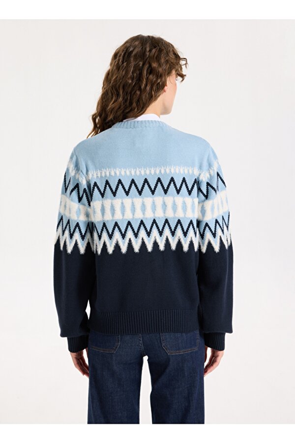 Bisiklet Yaka Relaxed Jakarlı Ekru - Lacivert Kazak Kadın J5WL-KZK7050