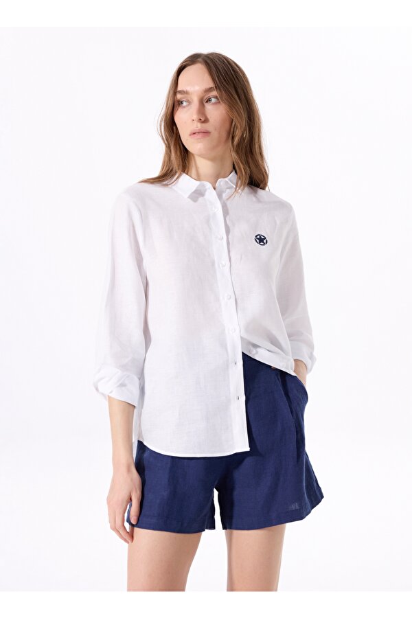 Relaxed Gömlek Yaka Düz Beyaz Kadın Gömlek J5SL-GML7158