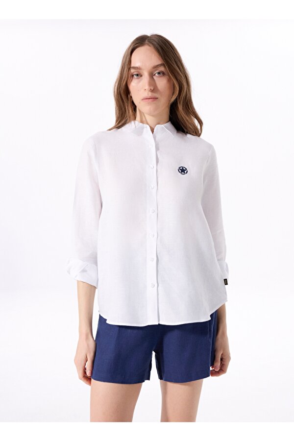 Relaxed Gömlek Yaka Düz Beyaz Kadın Gömlek J5SL-GML7158