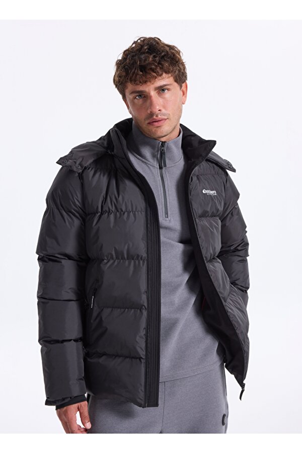 D5WM-MNT3642 Siyah Kapüşon Yaka Relaxed Düz Erkek Şişme Mont