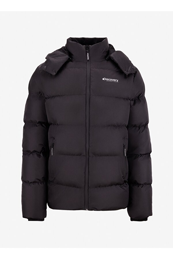 D5WM-MNT3642 Siyah Kapüşon Yaka Relaxed Düz Erkek Şişme Mont