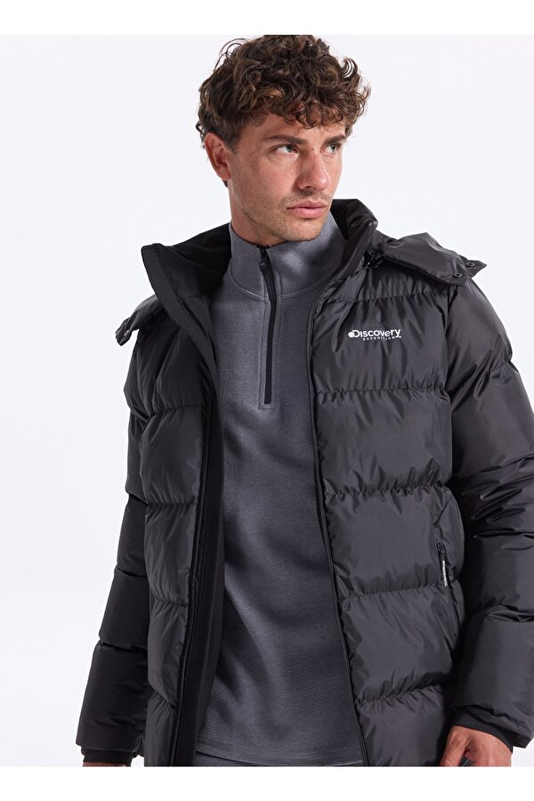 D5WM-MNT3642 Siyah Kapüşon Yaka Relaxed Düz Erkek Şişme Mont