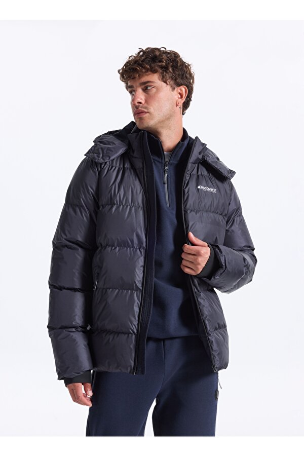 D5WM-MNT3642 Lacivert Kapüşon Yaka Relaxed Düz Erkek Şişme Mont