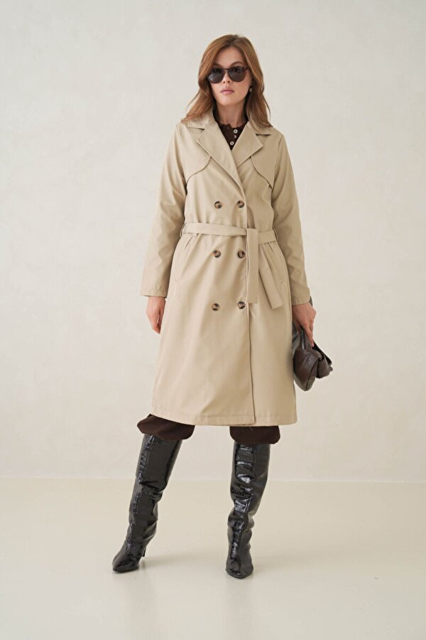 Su Geçirmez Kruvaze Yaka Sık Dokuma Kadın Trençkot