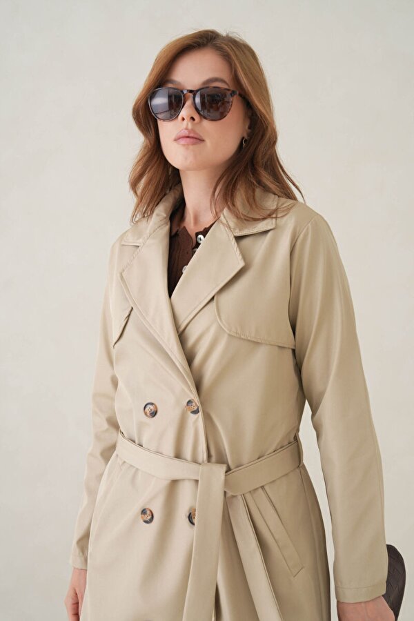 Su Geçirmez Kruvaze Yaka Sık Dokuma Kadın Trençkot