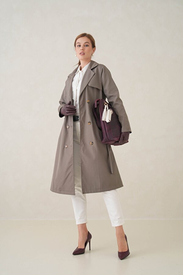 Su Geçirmez Kruvaze Yaka Sık Dokuma Kadın Trençkot