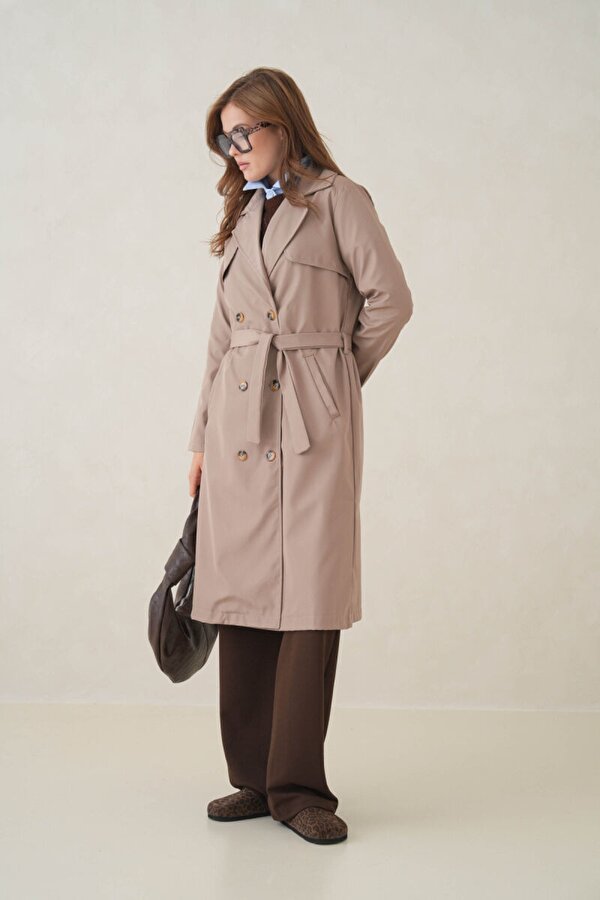 Su Geçirmez Kruvaze Yaka Sık Dokuma Kadın Trençkot