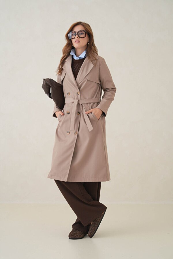 Su Geçirmez Kruvaze Yaka Sık Dokuma Kadın Trençkot