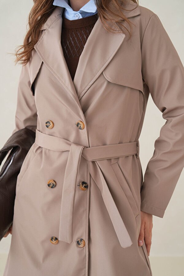 Su Geçirmez Kruvaze Yaka Sık Dokuma Kadın Trençkot