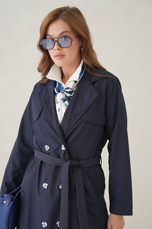 Su Geçirmez Kruvaze Yaka Sık Dokuma Kadın Trençkot