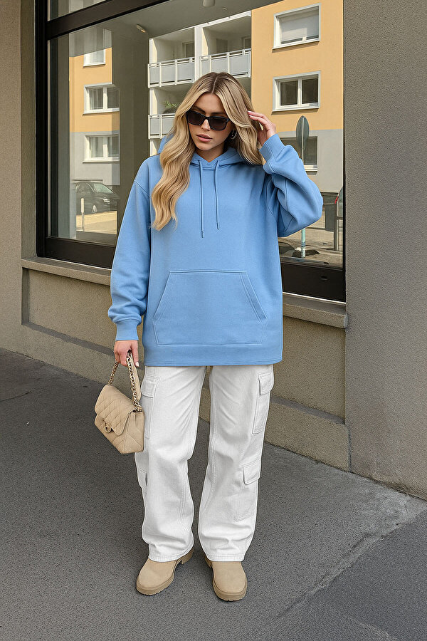 Kadın Kapüşonlu Cepli Mavi Tunik Sweatshirt