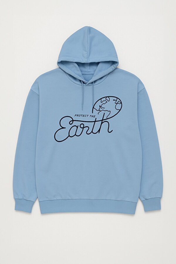 Kadın Kapüşonlu Dünya Baskılı Mavi Sweatshirt