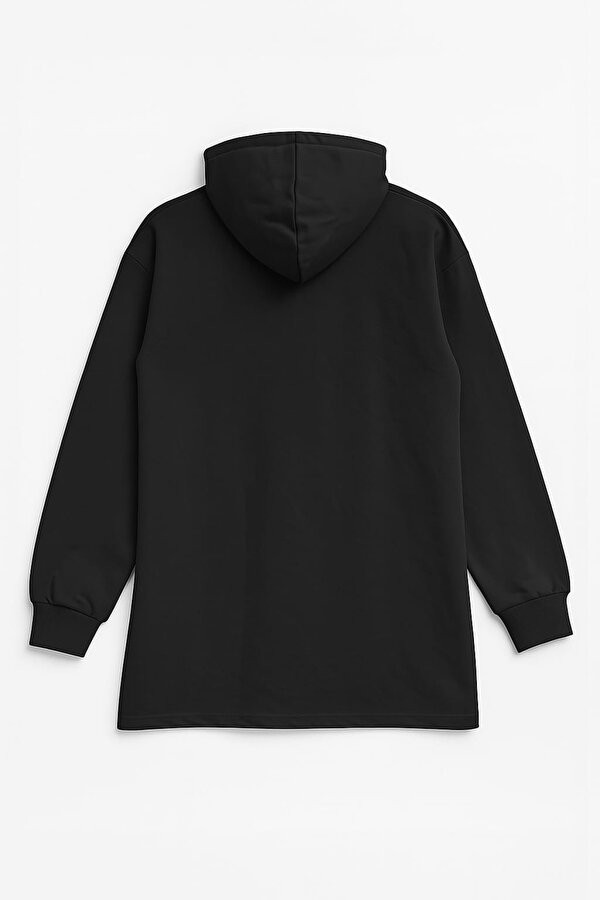 Kadın Kapüşonlu Cepli Siyah Tunik Sweatshirt
