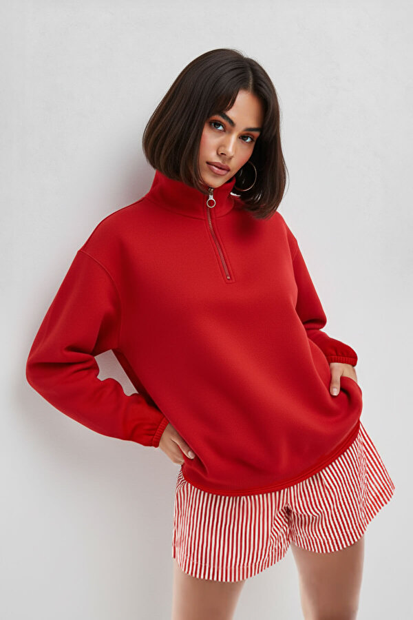 Kadın Yarım Fermuar İçi Polarlı Kırmızı Sweat Elbise