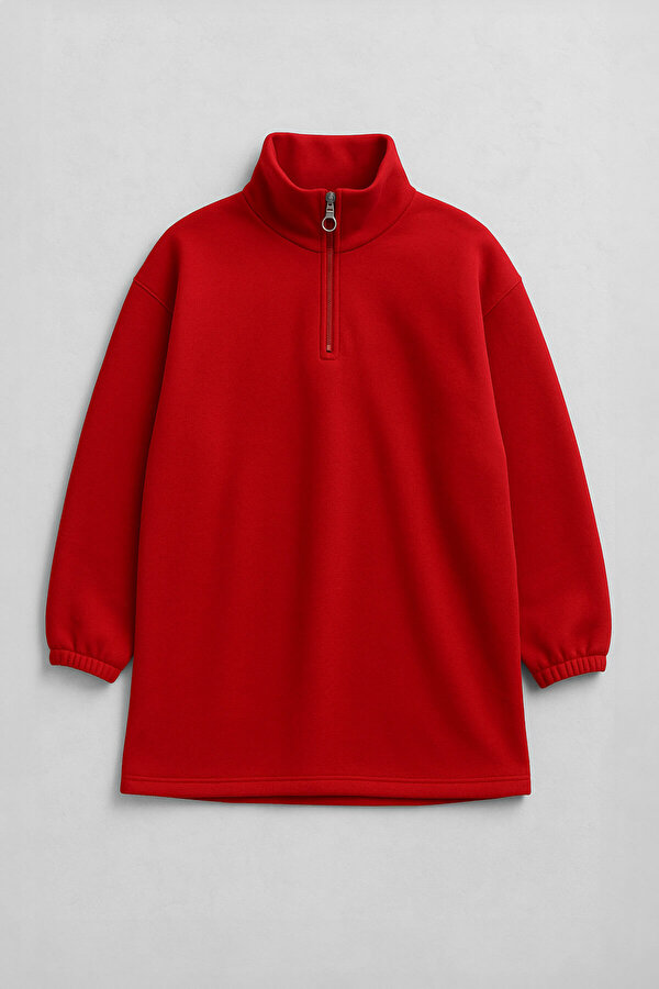 Kadın Yarım Fermuar İçi Polarlı Kırmızı Sweat Elbise
