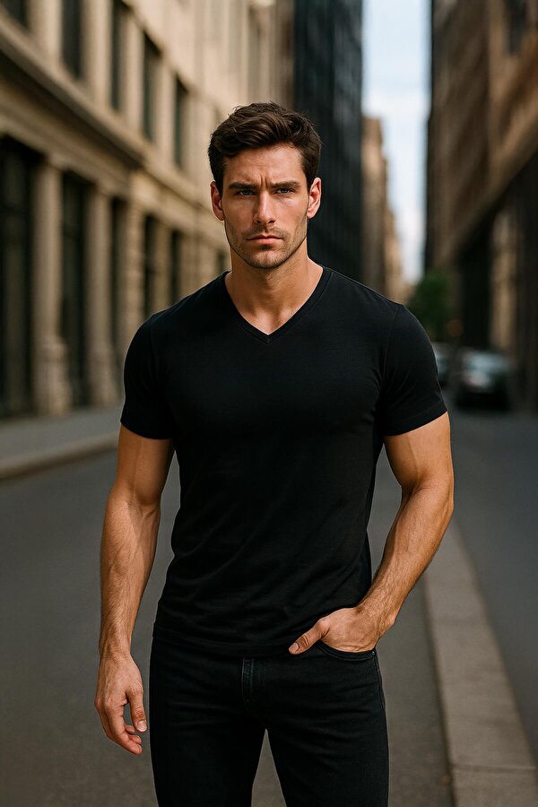 V Yaka Basic Tişört Siyah