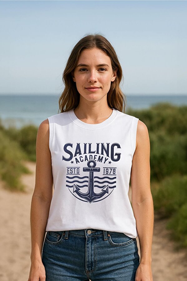 Kadın Bisiklet Yaka Baskılı Beyaz Kolsuz T-shirt