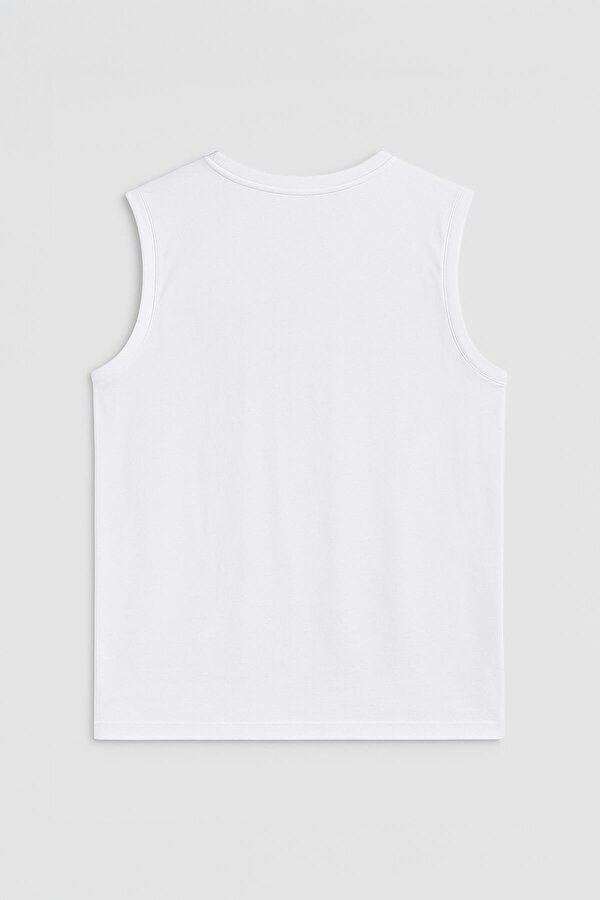 Kadın Bisiklet Yaka Baskılı Beyaz Kolsuz T-shirt