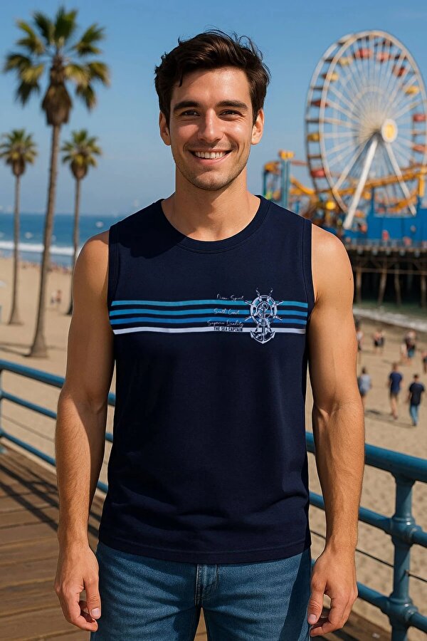 Erkek %100 Pamuk Bisiklet Yaka Çapa Baskılı Kolsuz T-shirt