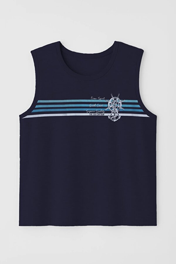 Erkek %100 Pamuk Bisiklet Yaka Çapa Baskılı Kolsuz T-shirt