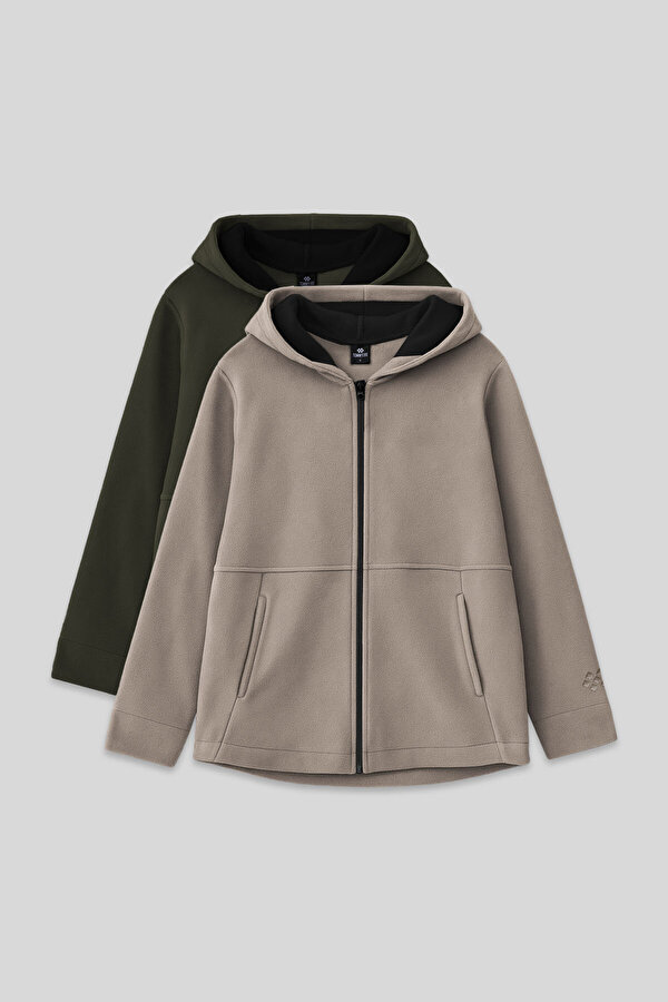 Standart Fit Kapüşonlu 2li Paket Haki-Koyu Bej Kız Çocuk Sweatshirt - 75152