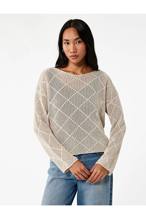 Kayık Yaka Uzun Kollu Triko Ajurlu Kadın Kazak 6WAK90326HT