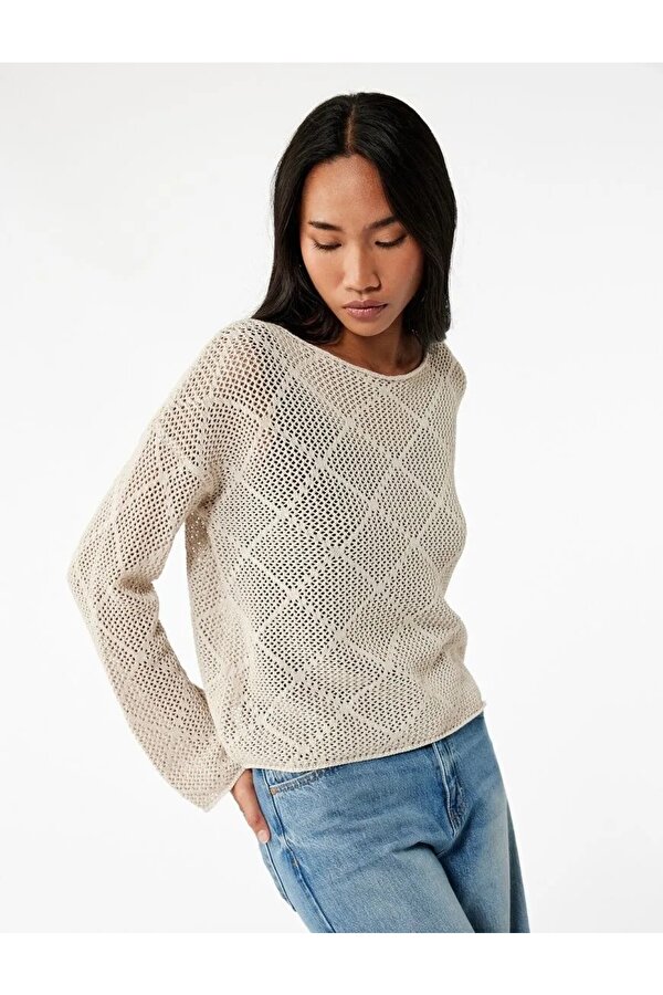 Kayık Yaka Uzun Kollu Triko Ajurlu Kadın Kazak 6WAK90326HT