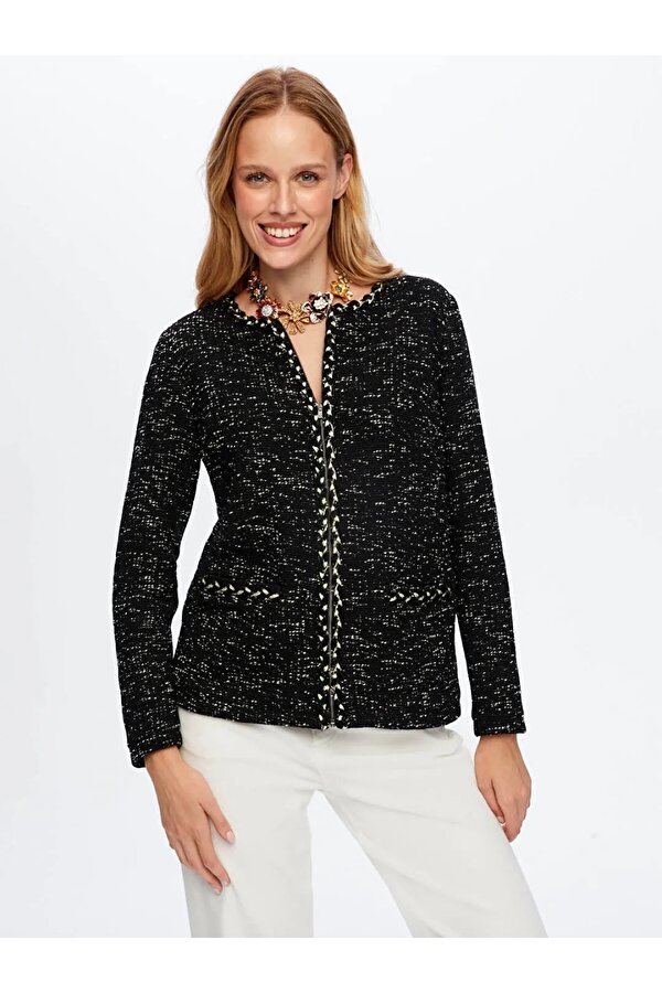 Saçaklı Şerit Detaylı Örme Melanjlı Kadın Ceket UW26CKT016