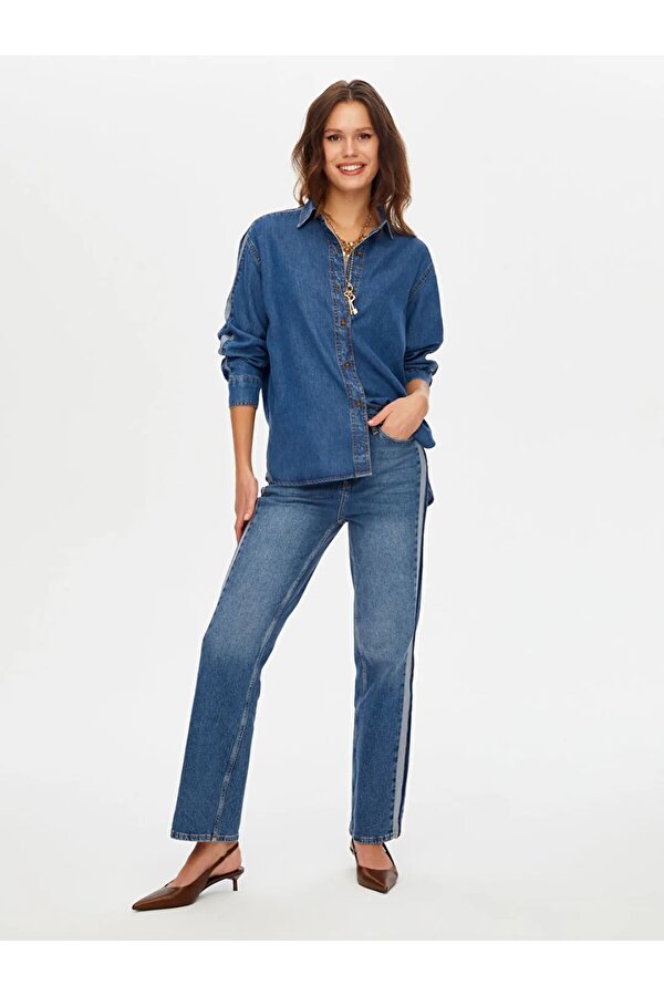Kontrast Bant Detaylı Tenselli Kadın Jean Gömlek W26JGM001