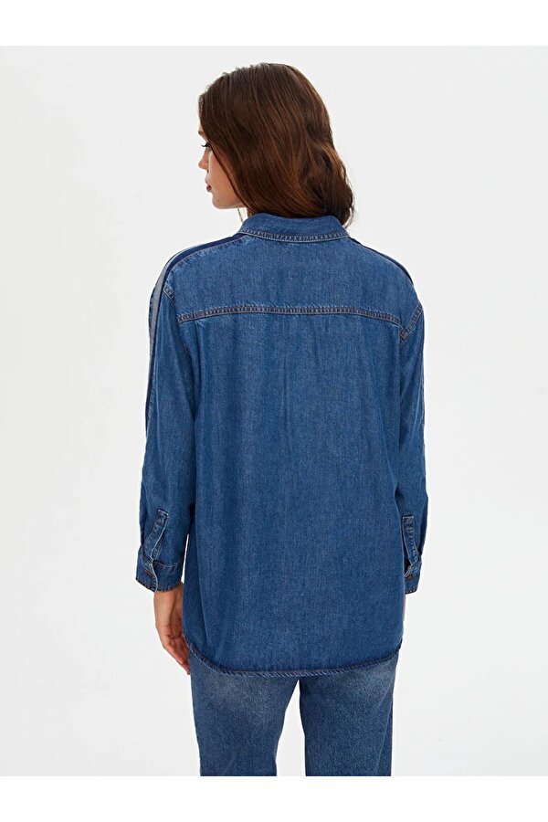 Kontrast Bant Detaylı Tenselli Kadın Jean Gömlek W26JGM001