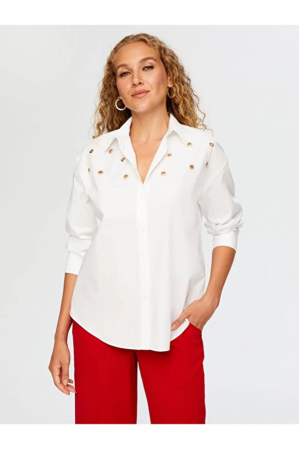 Taşlı Trok Aksesuarlı Poplin Kadın Gömlek W26GML008